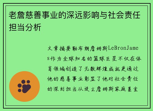 老詹慈善事业的深远影响与社会责任担当分析